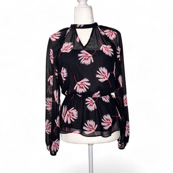 Express Long Sleeve Sheer Floral Pattern Peplum Blouse Black Pink Small - Picture 1 of 8